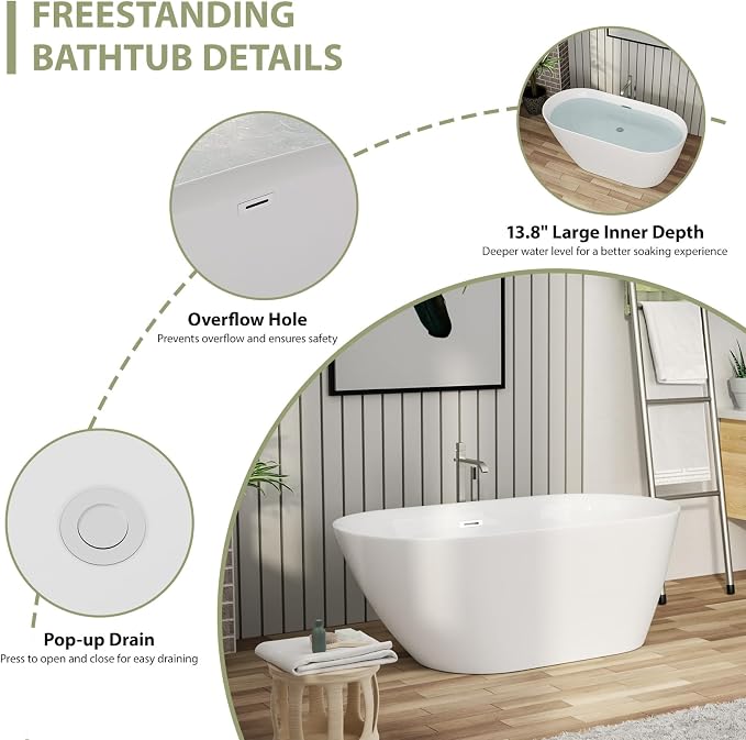 Mocoloo 59" Acrylic Freestanding Bathtub Contemporary Soaking White Bath Tub - Image 6