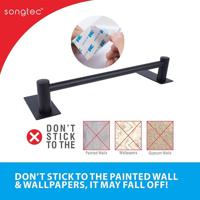 Adhesive Black Towel Bar 9-inch, Stick On Bath Towel Rack, Hand Towel Holders - Image 5