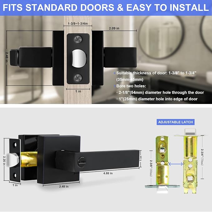 Privacy Interior Door Lever, Heavy Duty Matte Black Door Handles Square Door - Image 4