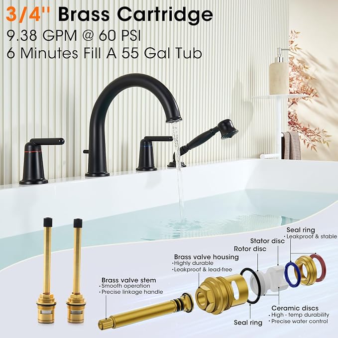 Bathtub Faucet Trim Kit with Hand Shower and Rough-in Valve Deck Mount 4 Hole - Image 4