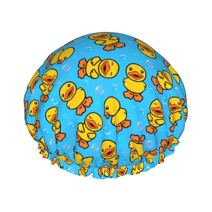 Yellow Rubber Duck Shower Cap For Women Adjustable Double Waterproof Layers by Wizfuyq