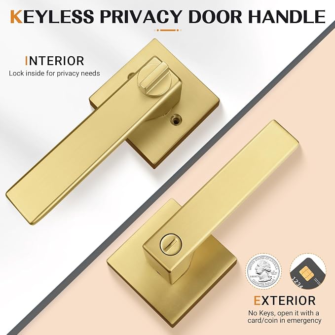 Probrico Interior Flat Square Gold Privacy Door Handle, Heavy Duty Keyless - Image 2