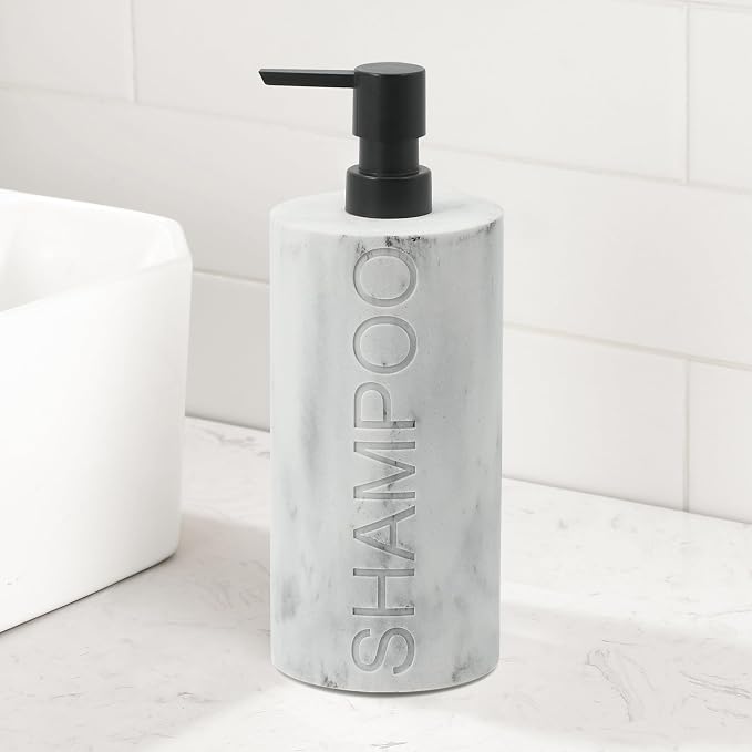 Resin White Marbled Shampoo Engraved Bottle Refillable Pump Dispenser, Durable - Image 7
