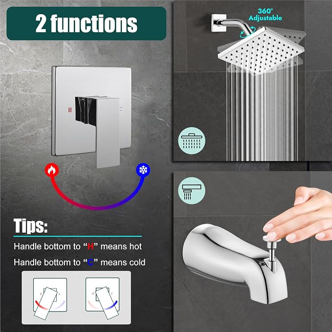 Heyalan Bathtub Shower Faucet Set, 6 Inch Square Trim Kit - Image 4