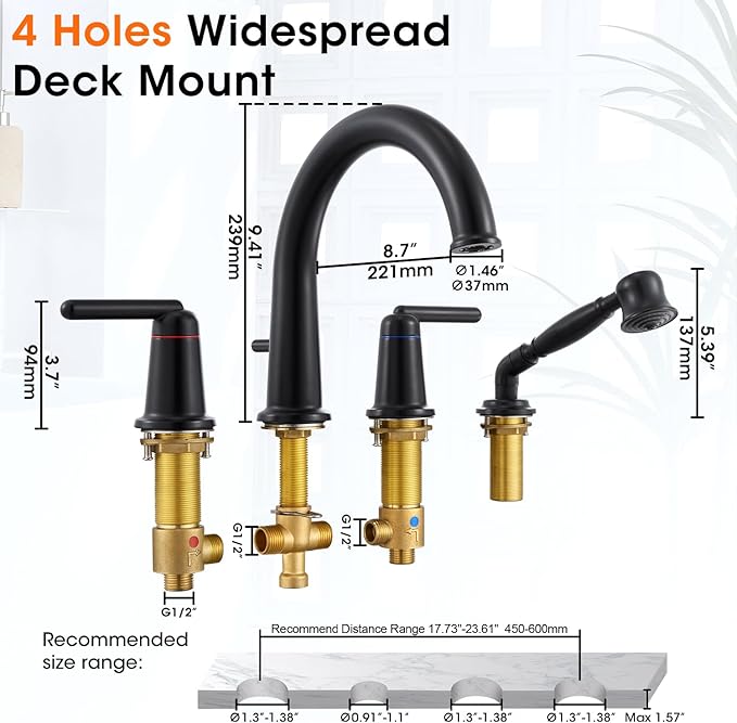 Bathtub Faucet Trim Kit with Hand Shower and Rough-in Valve Deck Mount 4 Hole - Image 7