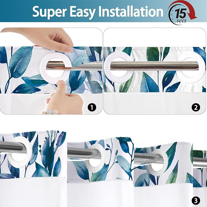 No Hook Shower Curtain and Liner Set, Dark Blue Eucalyptus Floral Shower - Image 3