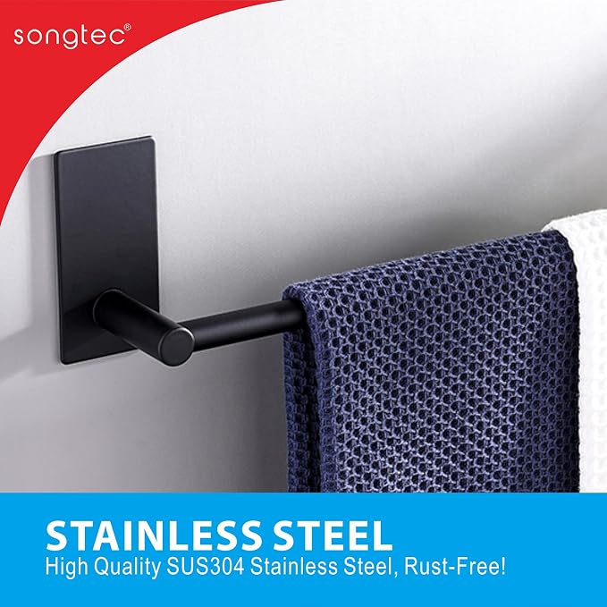 Songtec Stick Towel Bar Black 12-Inch, Adhesive Bath Towel Rack No Drill - Image 5