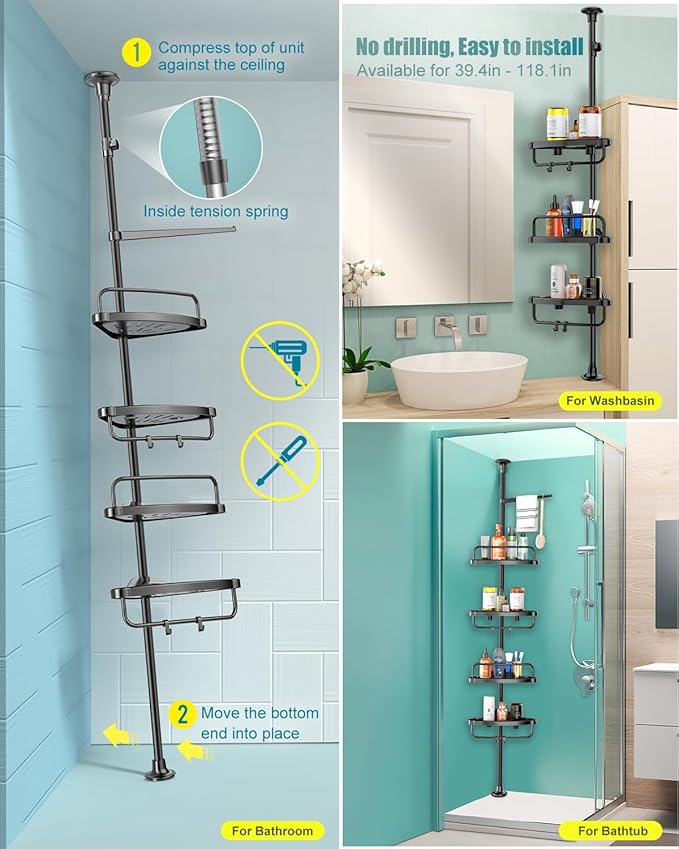 ADOVEL 4 Layer Corner Shower Caddy, Stainless Steel ​Constant Tension Pole - Image 6