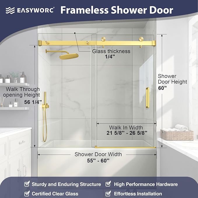 Frameless Bathtub Shower Door, 55-60" W x 60" H Sliding Tub Shower Door - Image 4
