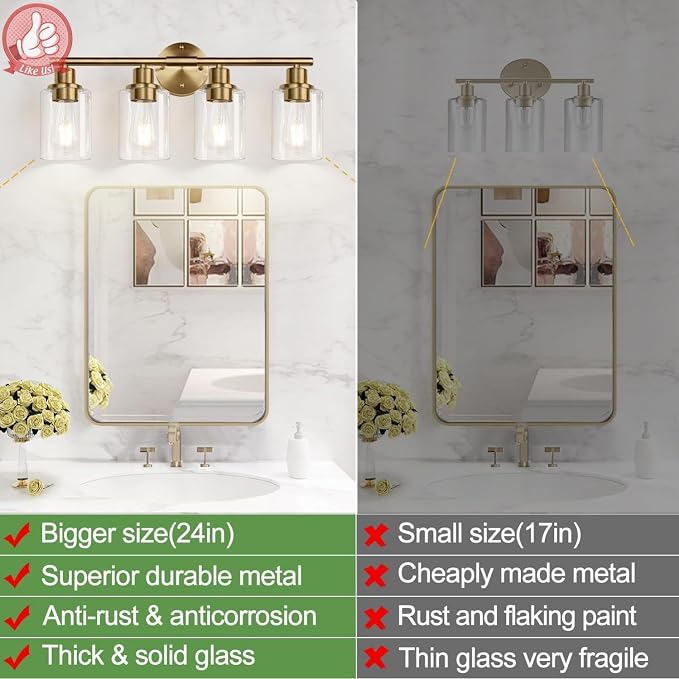 4-Light Bathroom Light Fixtures, Brushed Brass Modern Vanity Lights - Image 2