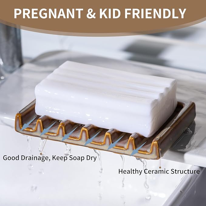 Tanew Self Draining Premium Brown Ceramic Waterfall Soap Dish, Bar and Shower - Image 2