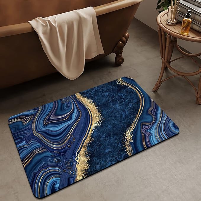 Bath Mat Rug, Dark Blue Gold marbleNon Slip Quick Dry Super Absorbent Thin - Image 3