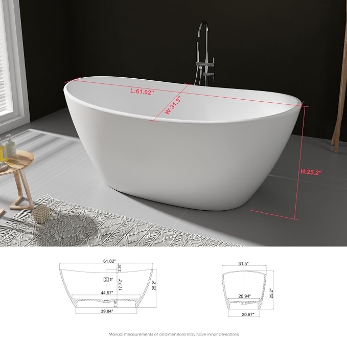 SJ STAR&JANE 61" Solid Surface Freestanding Bathtub Stone Resin Tub Oval Double - Image 7
