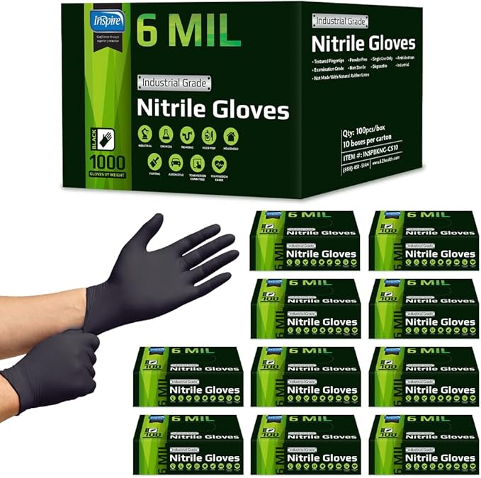 Inspire HEAVY DUTY ORIGINAL Stretch Nitrile Black Gloves Disposable Latex Free by Inspire
