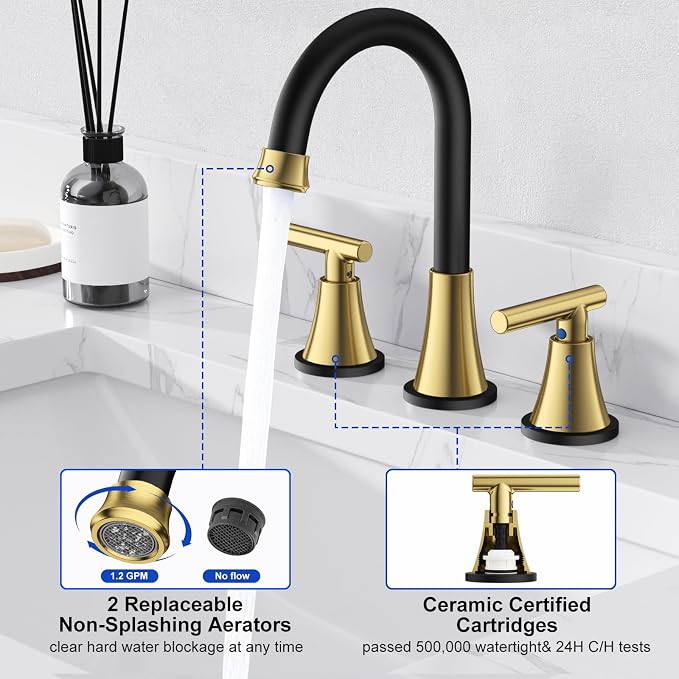 Bathroom Faucets for Sink 3 Hole, Hurran Black& Gold Bathroom Sink Faucet - Image 5
