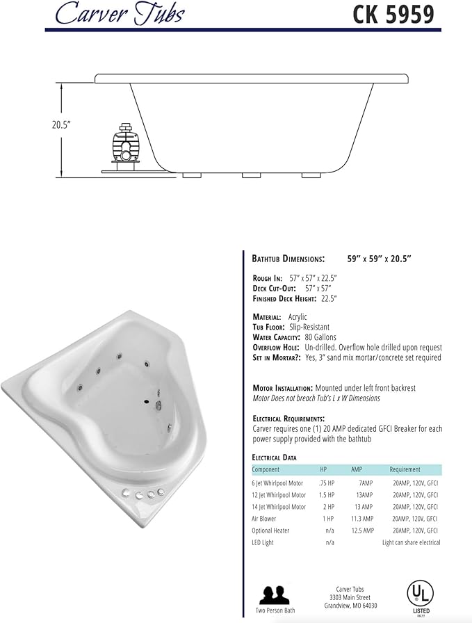 Carver Tubs - CK5959 - Modern Acrylic Fiberglass Soaking Corner Bathtub - Image 7