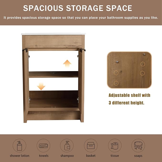 24 Inch Bathroom Vanity with Ceramic Sink, Freestanding Brown Single Sink - Image 4