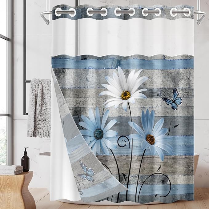 No Hook Blue Daisy and Butterfly Shower Curtain by Nesphy