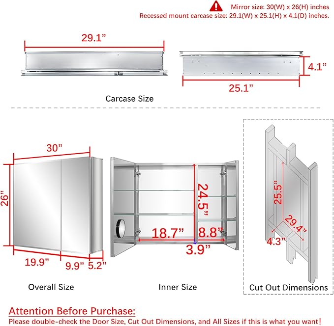 Fundin Bathroom Mirror Medicine Cabinet Aluminum Storage Cabinet 30 x 26 inch - Image 3