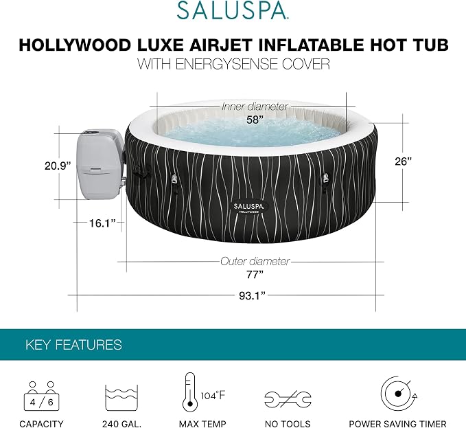 Bestway SaluSpa Hollywood EnergySense Luxe AirJet Round Inflatable 4 to 6 Adult - Image 2