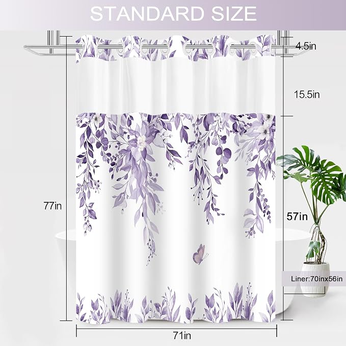 No Hook Shower Curtain and Liner Set, Light Purple Eucalyptus Floral Shower - Image 7