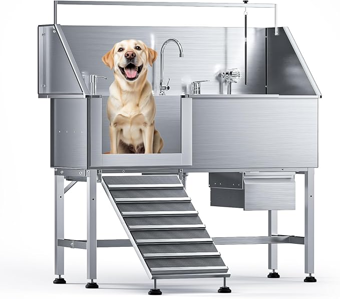 Professional 56" Dog Washing Station, 304 Stainless Steel Dog Bathing Station by DYTREND