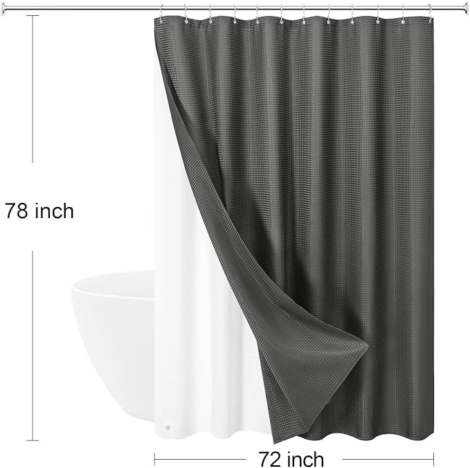 3 in 1 Long Charcoal Grey Shower Curtain Set-72 W x 78 H, Modern Waffle and - Image 8