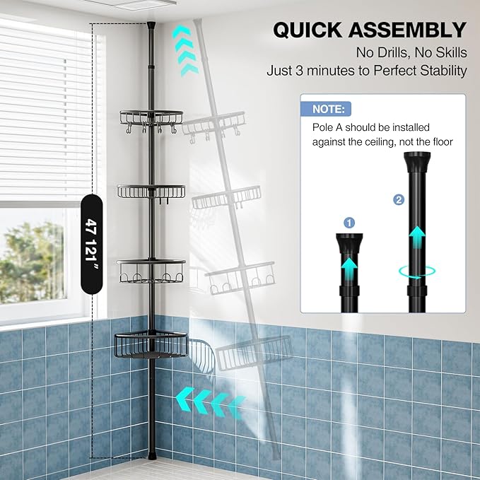 Corner Shower Caddy Tension Pole: Stainless Steel Rustproof 4-Tier Shower - Image 2