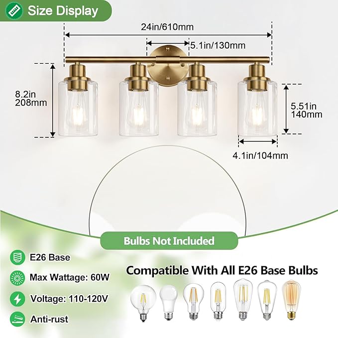 4-Light Bathroom Light Fixtures, Brushed Brass Modern Vanity Lights - Image 7