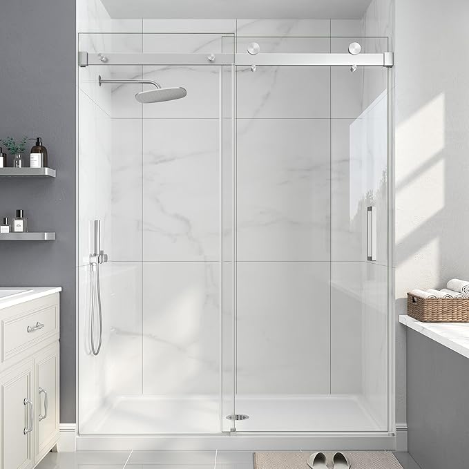 Frameless Shower Door, 55-60" W x 76" H Sliding Glass Shower Door, 1/4'' SGCC by EASYWORC
