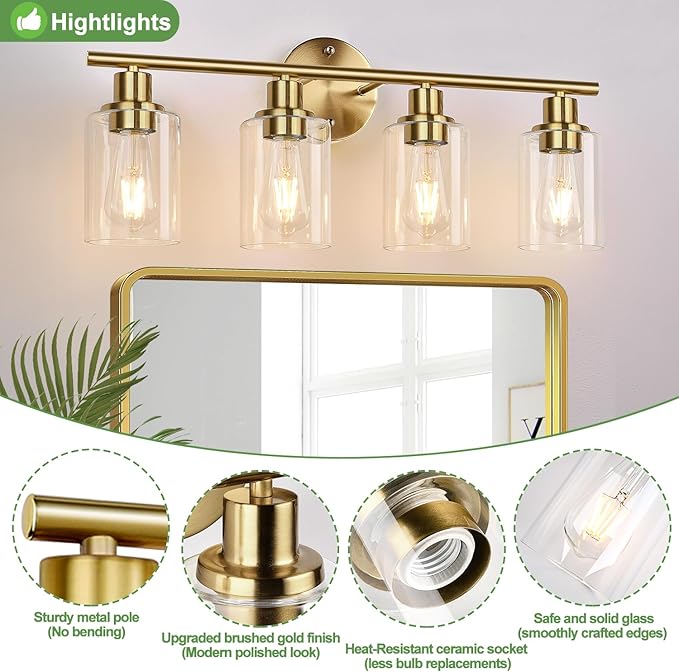 4-Light Bathroom Light Fixtures, Brushed Gold Modern Vanity Lights Over Mirror - Image 3
