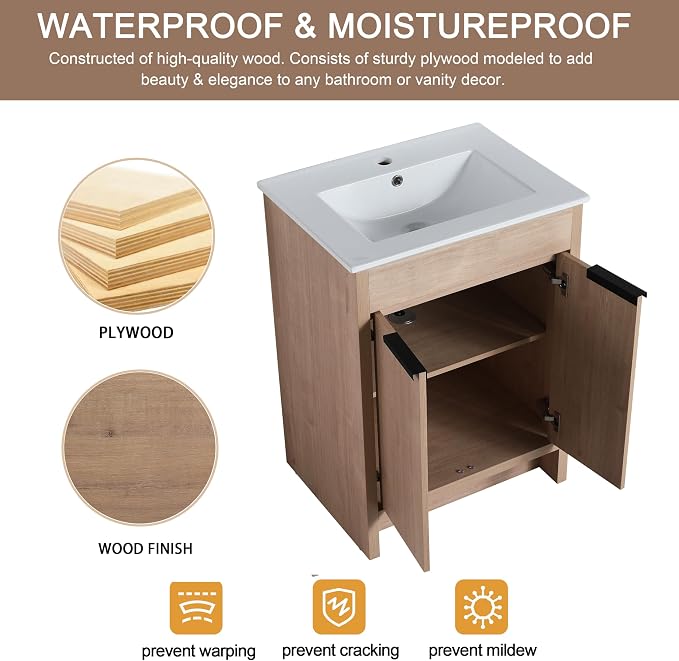 24 Inch Bathroom Vanity with Ceramic Sink, Freestanding Brown Single Sink - Image 5