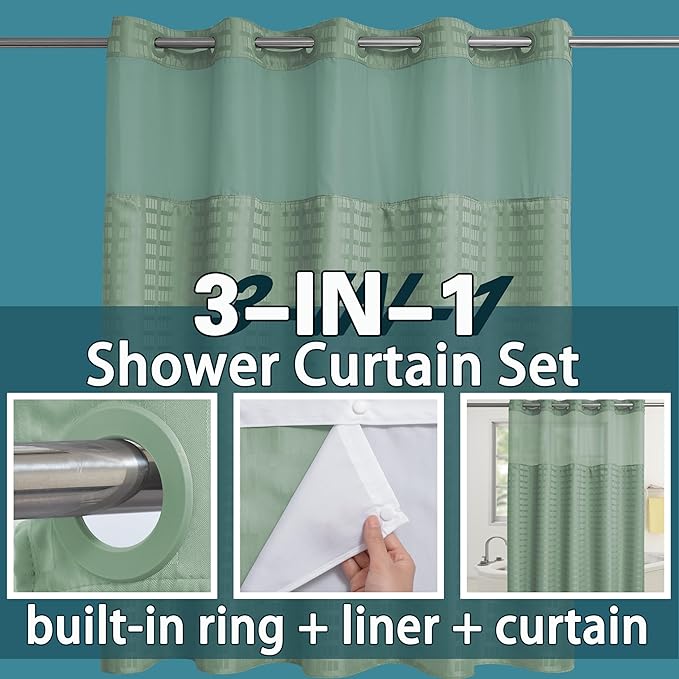 Conbo Mio Extra Long No Hook Sage Green Shower Curtain - Image 3