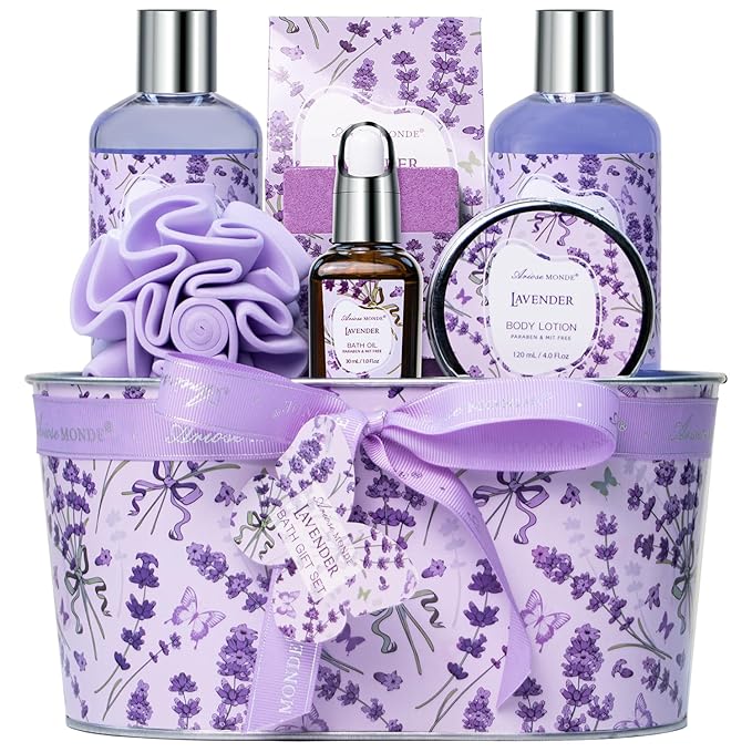 Bath Gift Baskets for Women, Lavender Relaxing Spa Gifts, Bath Spa Gift Basket by Ariosemonde