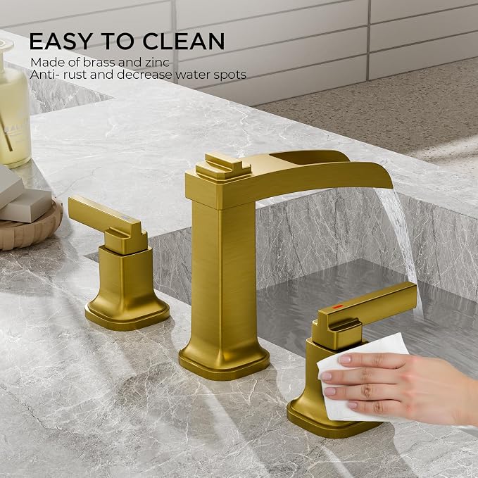 FORIOUS Brass Waterfall Brushed Gold Bathroom Faucets 3 Hole, Modern Widespread - Image 5