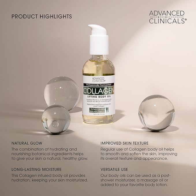 Advanced Clinicals Collagen Body Oil + Unscented Collagen Cream Body Lotion & - Image 9