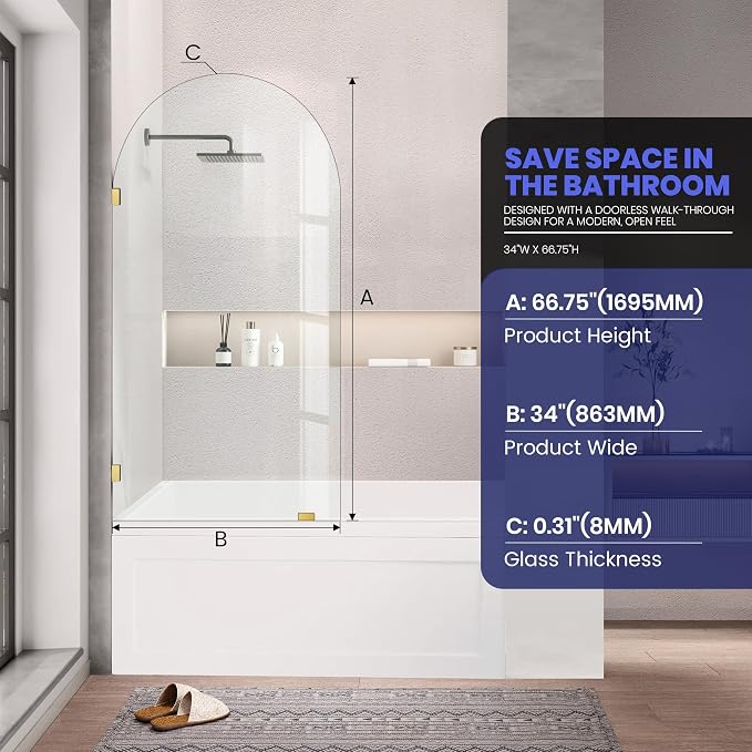 Frameless Bathtub Glass Shower Door, 5/16" Clear Tempered Glass Bathroom Shower - Image 4