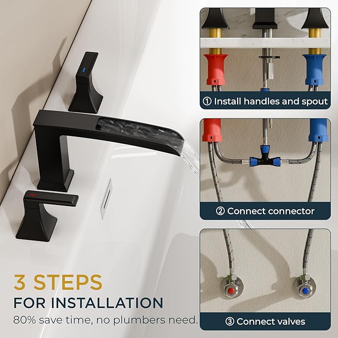 FORIOUS Waterfall Black Bathtub Faucet Set 3 Hole, 2 Handle Deck Mount Roman - Image 3