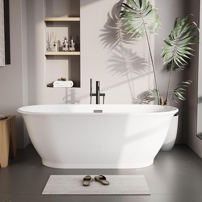 Freestanding Bathtub 67 Inch Oval Acrylic Soaker Tub – Glossy White Flared-Edge by Homfan