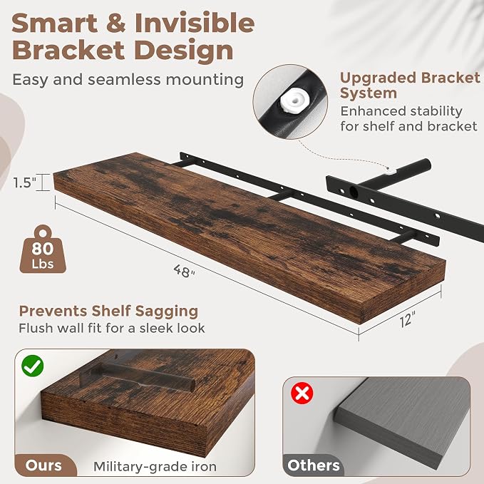 48 Inch Long Floating Shelves for Wall 2 Pack, Easy Install Engineered Wood - Image 3