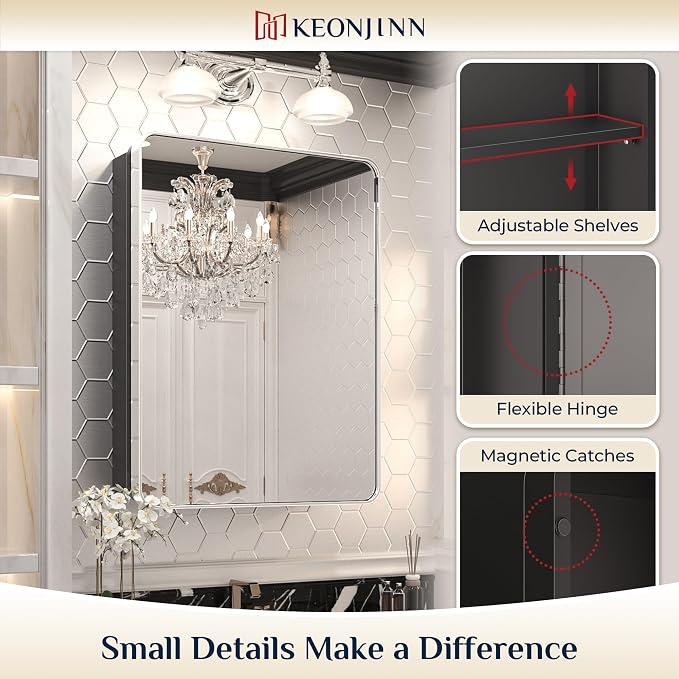 Keonjinn 20 x 26 Inch Chrome Recessed Medicine Cabinets, Mirrored Bathroom - Image 7