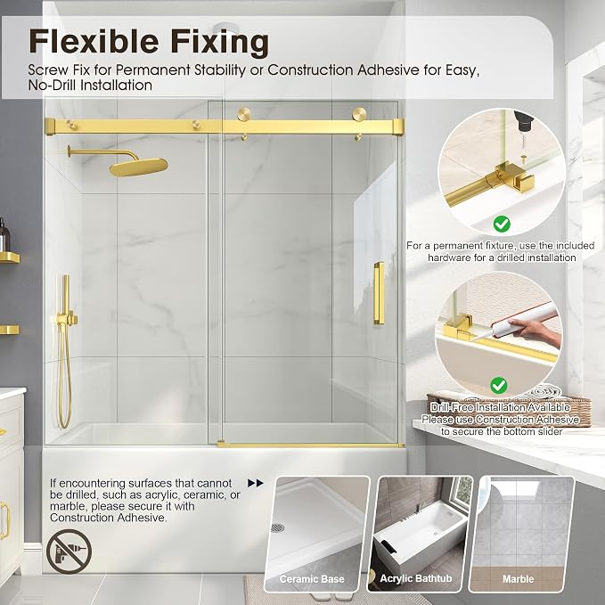 Frameless Bathtub Shower Door, 55-60" W x 60" H Sliding Tub Shower Door - Image 9