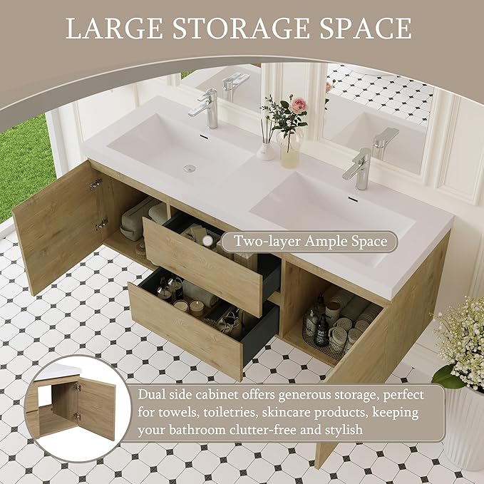 60-Inch Floating Bathroom Vanity, Modern Wall-Mounted Bathroom Storage Vanity - Image 4