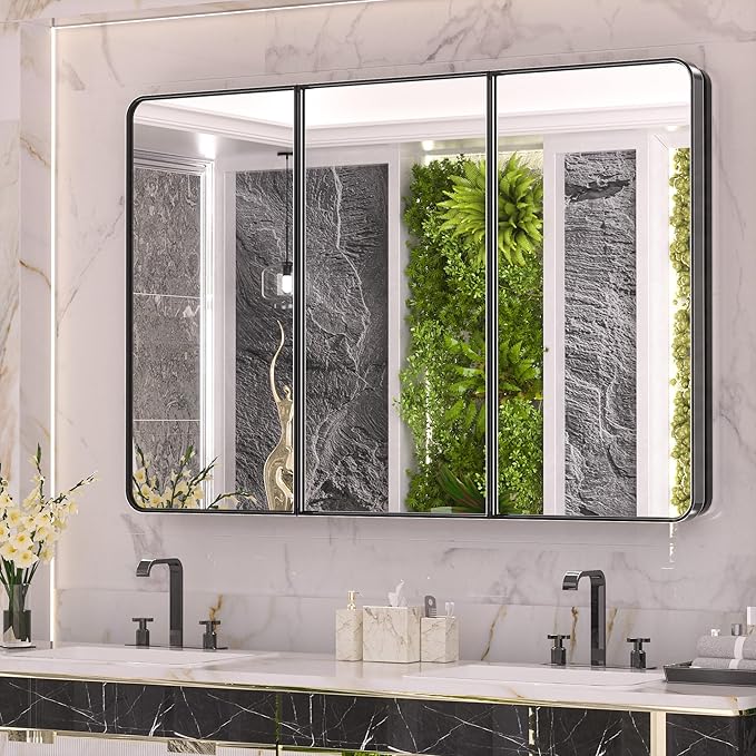 Keonjinn 48 x 32 Inch Large Black Medicine Cabinets, Recessed Bathroom Medicine by Keonjinn