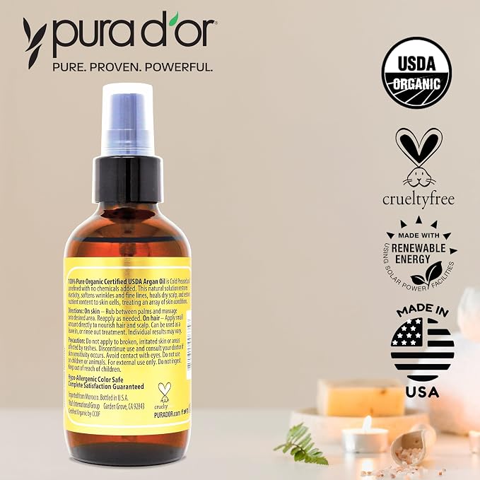 PURA D'OR 4 Oz Organic Moroccan Argan Oil – 100% Pure Cold-Pressed Virgin Grade - Image 5