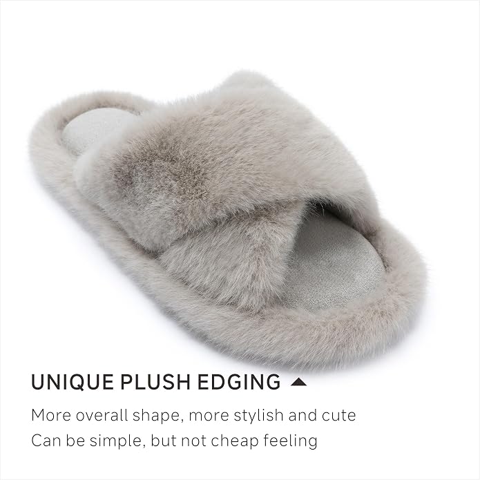 Chantomoo Womens Slippers Memory Foam Fuzzy Cross Band Faux Fur Slippers - Image 2
