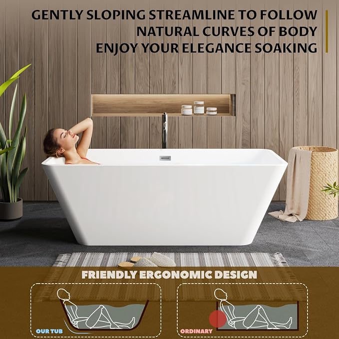 66 Inch Freestanding Bathtub, Acrylic Deep Soak Tub, Glossy White, Easy Install - Image 4