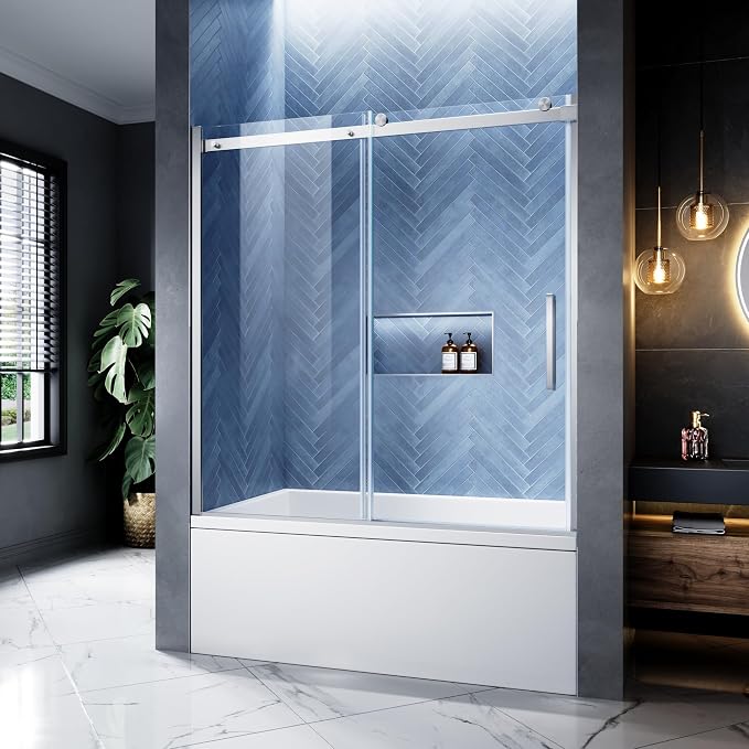 Bathtub Shower Door, 56-60" W x 60" H Frameless Single Sliding Tub Shower Door by Unknown