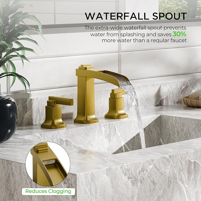 FORIOUS Brass Waterfall Brushed Gold Bathroom Faucets 3 Hole, Modern Widespread - Image 3