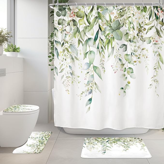 Riyidecor Green Eucalyptus 4Pcs Bathroom Shower Curtain Sets Plants Botanical by Riyidecor